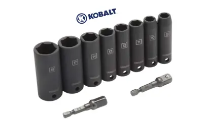 Kobalt 10-Piece 3,8-Inch Drive 6-Point Deep Impact Socket Set, Metric, includes 8, 10, 11, 12, 13, 14, 17, and 19-mm Sockets