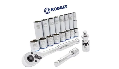 Kobalt 19-Piece 3,8-Inch Drive Mechanic's Tool Set with Hard Case, Metric, Includes Quick Release Ratchet, Extension, and Shallow,Deep Sockets