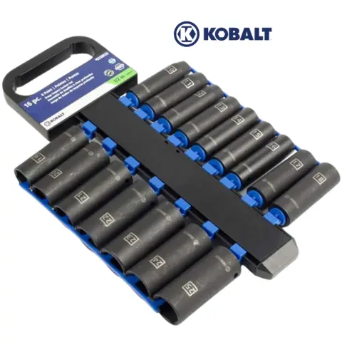 Kobalt 338635 16-Piece 1,2-Inch Drive 6-Point Deep Impact Socket Set, Metric, includes 10, 11, 12, 13, 14, 15, 16, 17, 18, 19, 20, 21, 22, 23, 24, and 25-mm Sockets